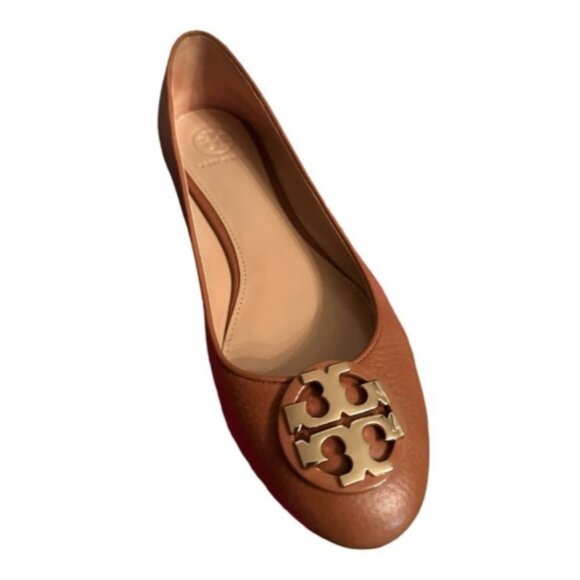 Tory Burch Brown Leather Flats with Metallic Logo Size 8 - Picture 1 of 12